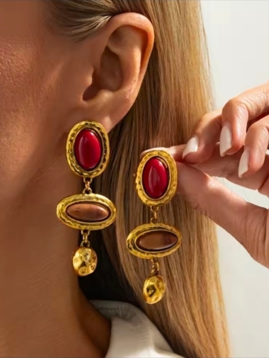 Anthropologie Jewelry - Gold Drop Earrings with Red and Brown Stones